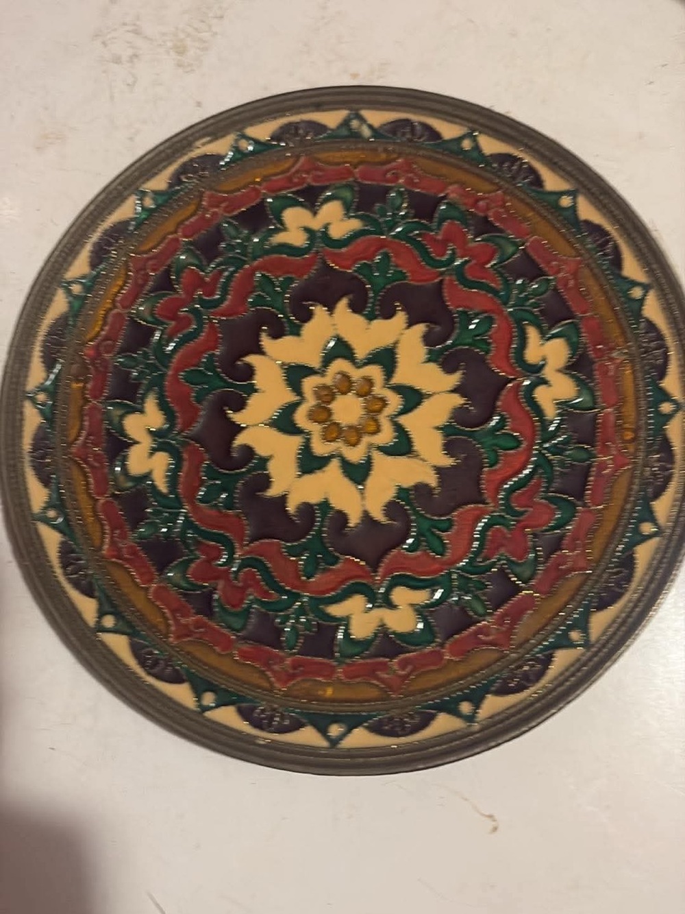 mid-century Moroccan or Byzantine-style decorative brass and enamel wall plate